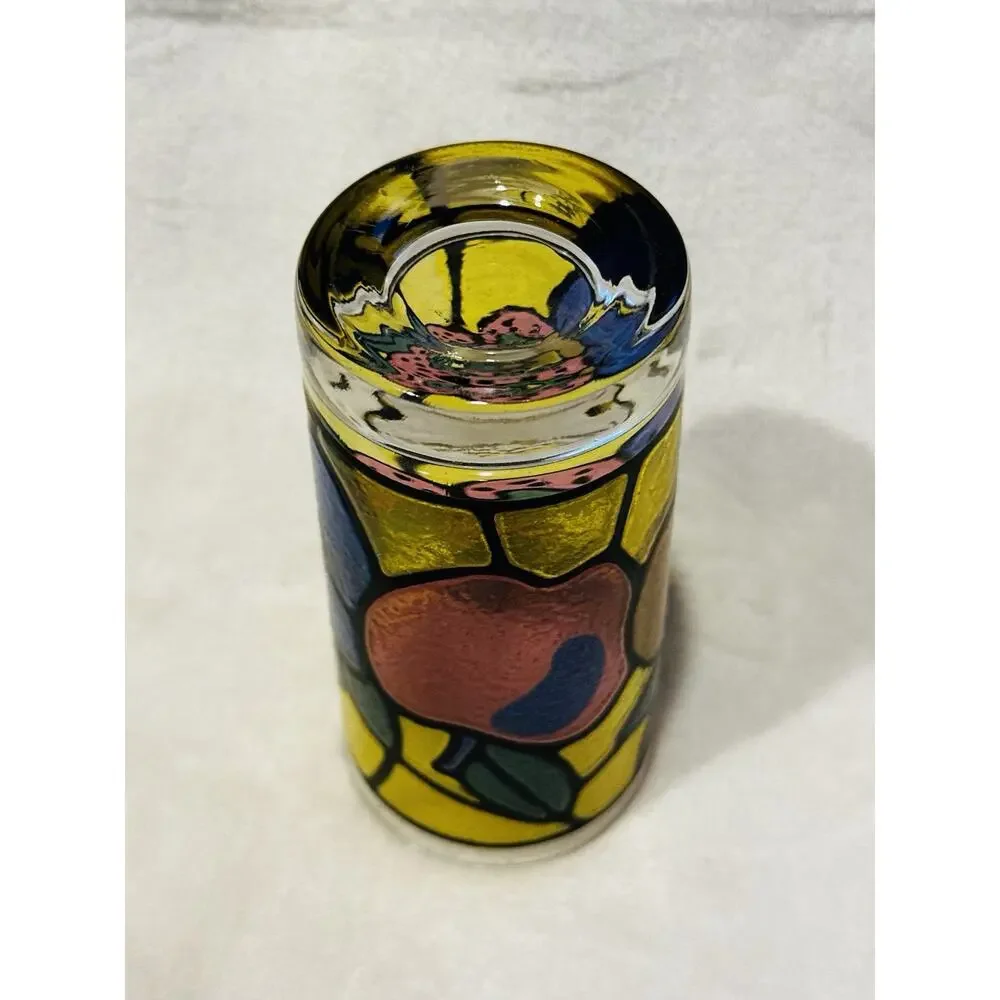 Vtg 60's 70's Tiffany Stained Glass Style Multi Colored Fruit OJ Cup Libbey